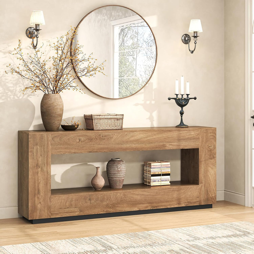 Epecoya 78 Inch 2-Tier Extra Long Console Table, Oak Brown Wood Sofa Table | ...