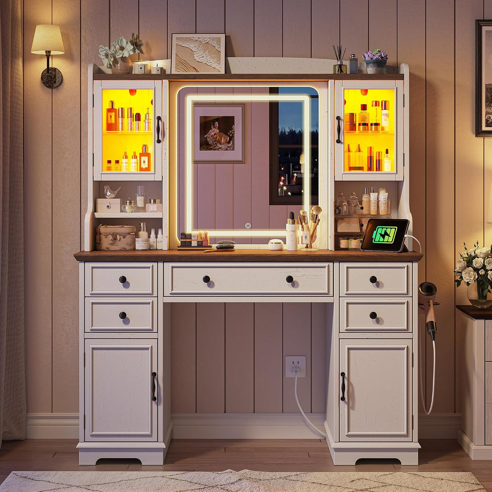 EnHomee Vanity Desk with Mirror and Lights, 43" White Makeup Vanity Desk...