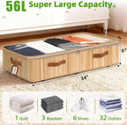 Livole Bamboo Under Bed Storage with Wheels, 6 inches Underbed Storage Containers, 56L XXL Rolling Under Bed Storage Bins with Clear Lid & Label for Clothes, Blankets, Sweater, Shoes, 1 Pack