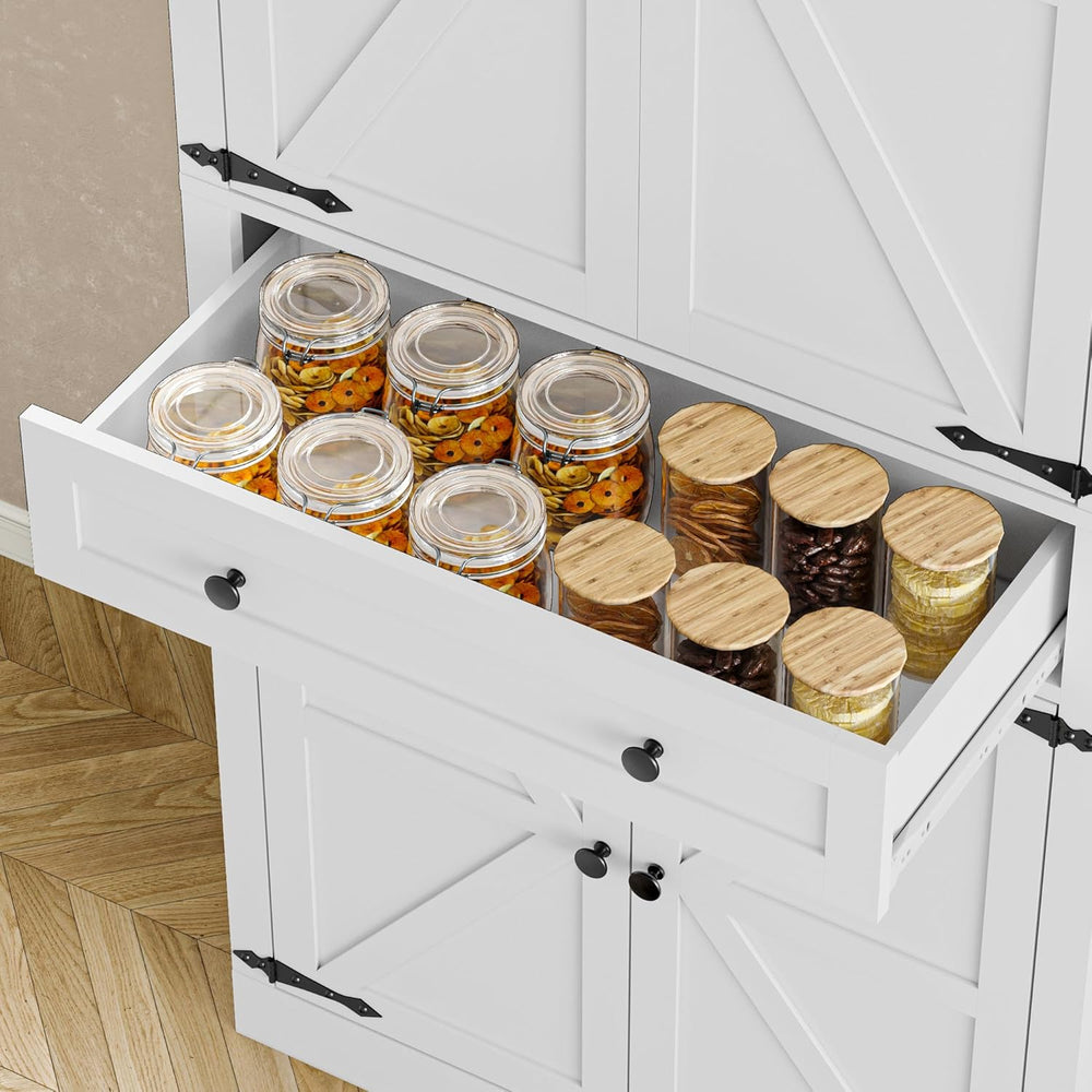 BORNOON Pantry Organizers and Storage Cabinet, 67.7” Barn Door White Kitchen ...