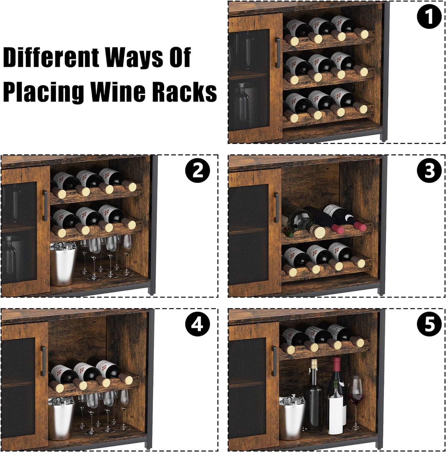 IDEALHOUSE 3-Tier Wine Bar Cabinet with Detachable Wine Rack and Drawer, Industrial Sideboard and Buffet Cabinet with Glass Holder and Mesh Door, Rustic Brown