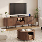 69" TV Stand with Power Outlet for TVs up to 75 Inch, Fluted Media Console | Mid-Century Modern Walnut Entertainment Center with Storage Drawer, Sliding Door and Adjustable Shelves for Living Room