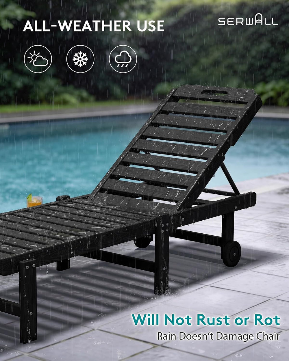 SERWALL HDPE Outdoor Chaise Lounge Set of 2 with Cup Holder & Wheels, Bla...