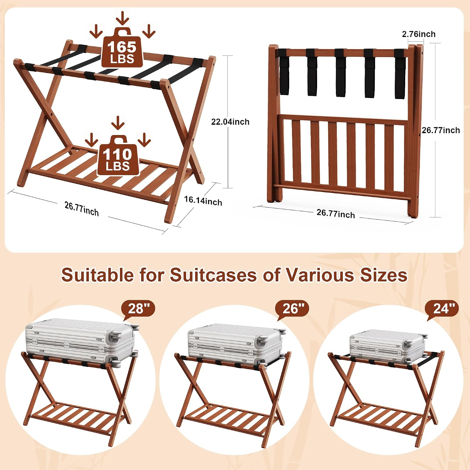 Walnut Luggage Racks Set of 2, Bamboo 26.77" Luggage Rack Stand for Guest Room, 5 Nylon Straps, Foldable Suitcase Stand with Storage Shelf for Bedroom Hotel, Holds up to 165 Lbs