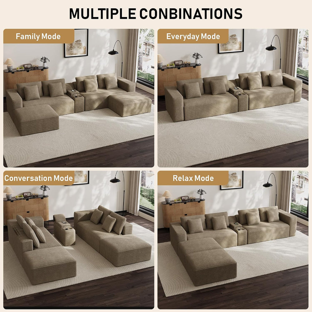 151" U Shaped Modular Sectional, Storage Console, 6 Seater, Brown | Over...