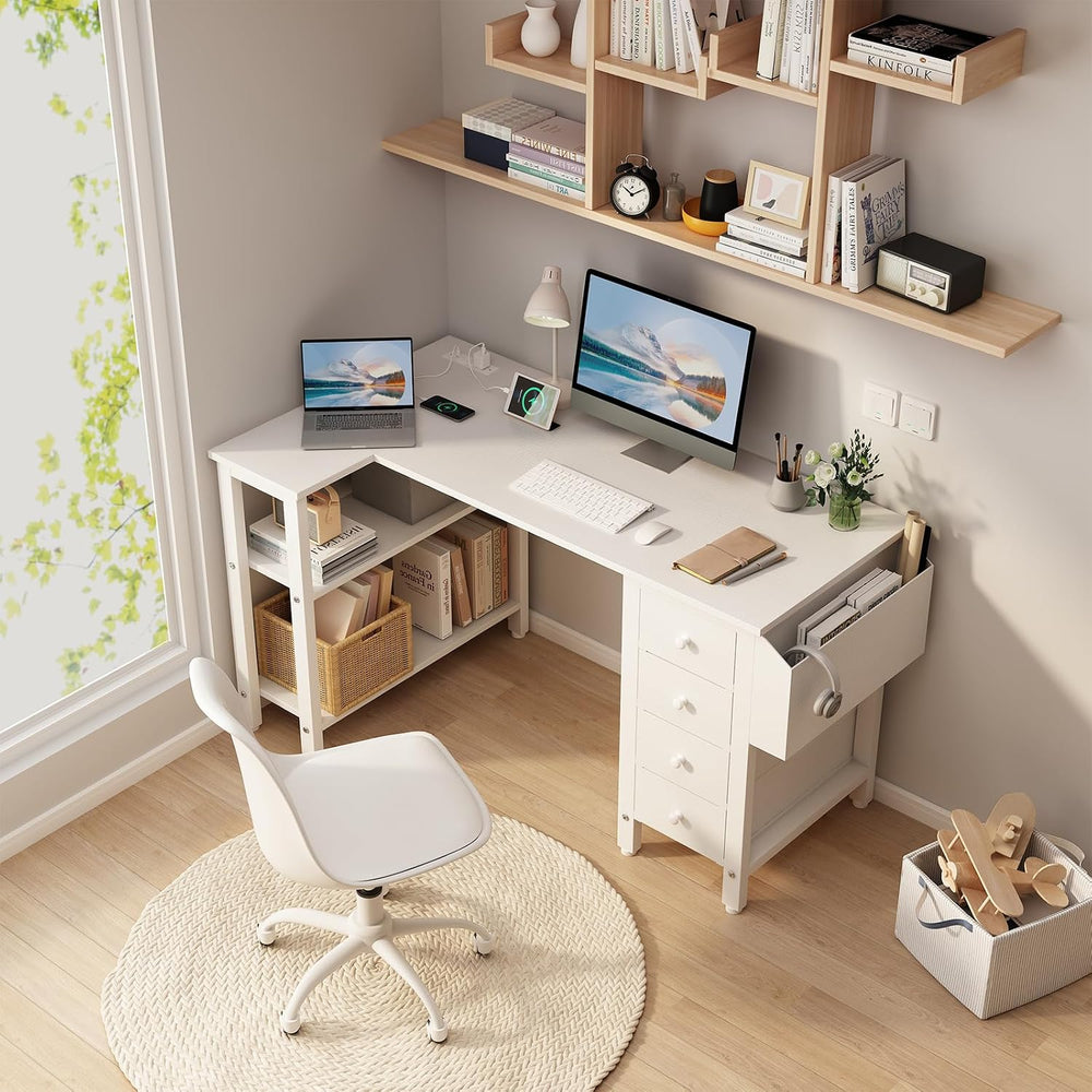 Lufeiya White L Shaped Computer Desk with Drawers & Storage Shelves, 47 I...