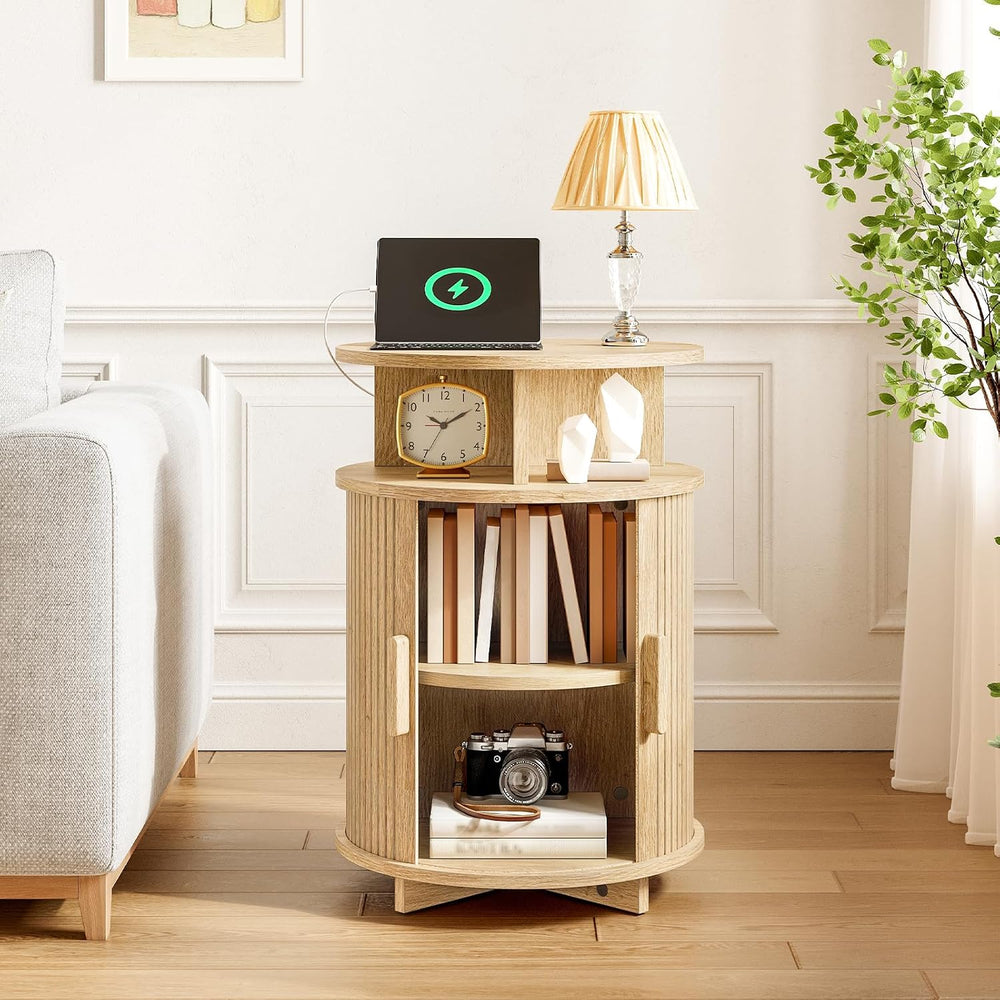 RALGEND Round Fluted End Tables, Round End Table with Charging Station, Flute...