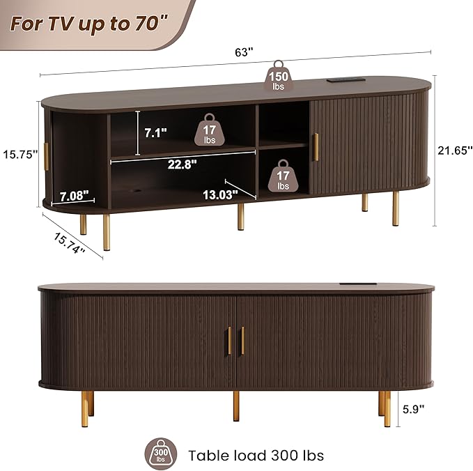 DHH 63 Inch Mid Century Modern TV Stand with Power Outlet for TVs up to 70 Inch, Entertainment Center with Storage and Adjustable Shelves, Media Console with Sliding Doors for Living Room(Brown)