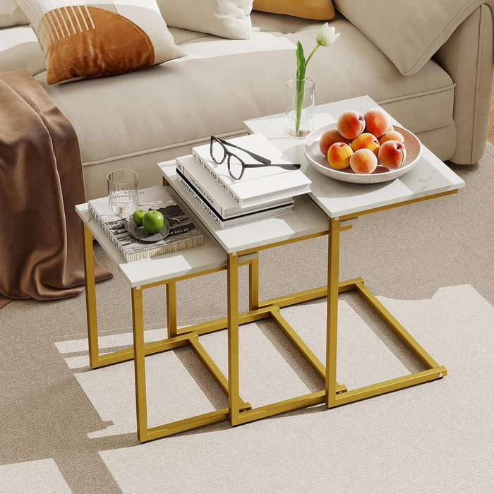 3-Piece Nesting Coffee Table Set, Stackable C-Shape (White Gold) | Faux Marble Top, Robust Steel Frame, Adjustable Foot Pads, Farmhouse Accent, for Living Room, Bedroom, Small Spaces