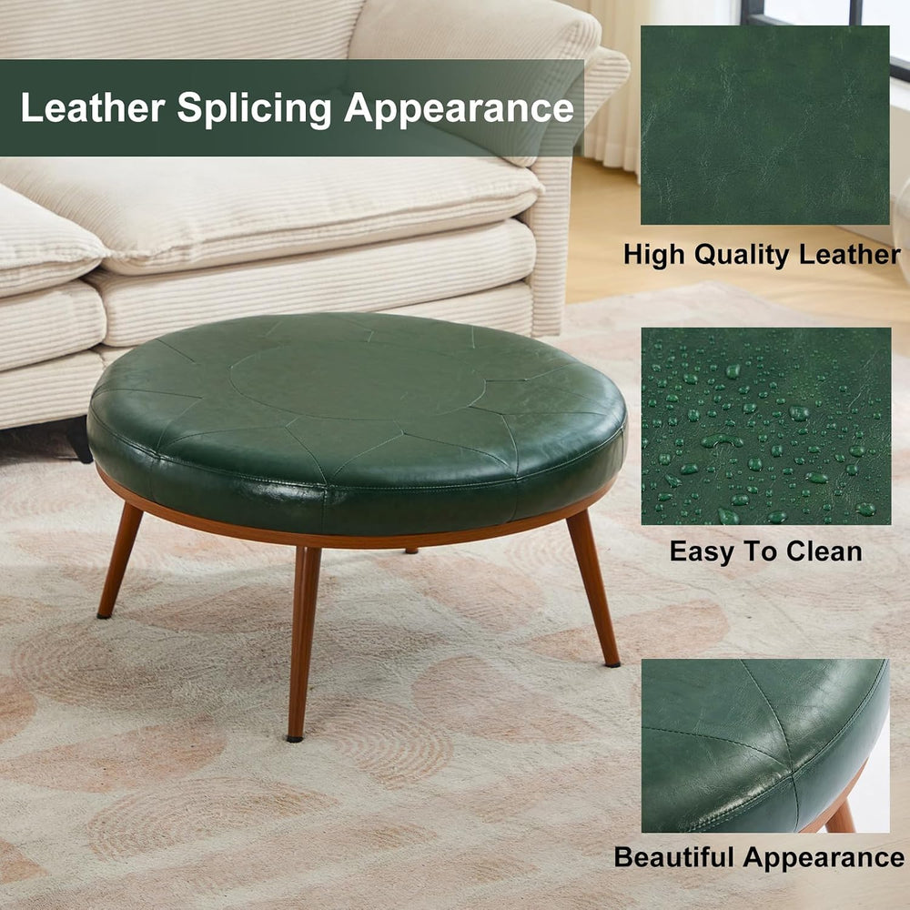 Round Ottoman, Large Faux Leather Footstool and Coffee Table, Cushioned Backl...