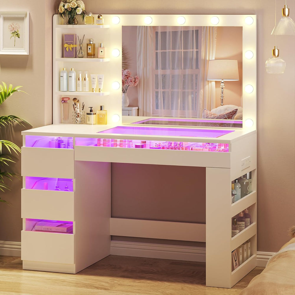 HUAHUU Vanity Desk with Lighted Mirror & Transparent Top, Makeup Vanity D...