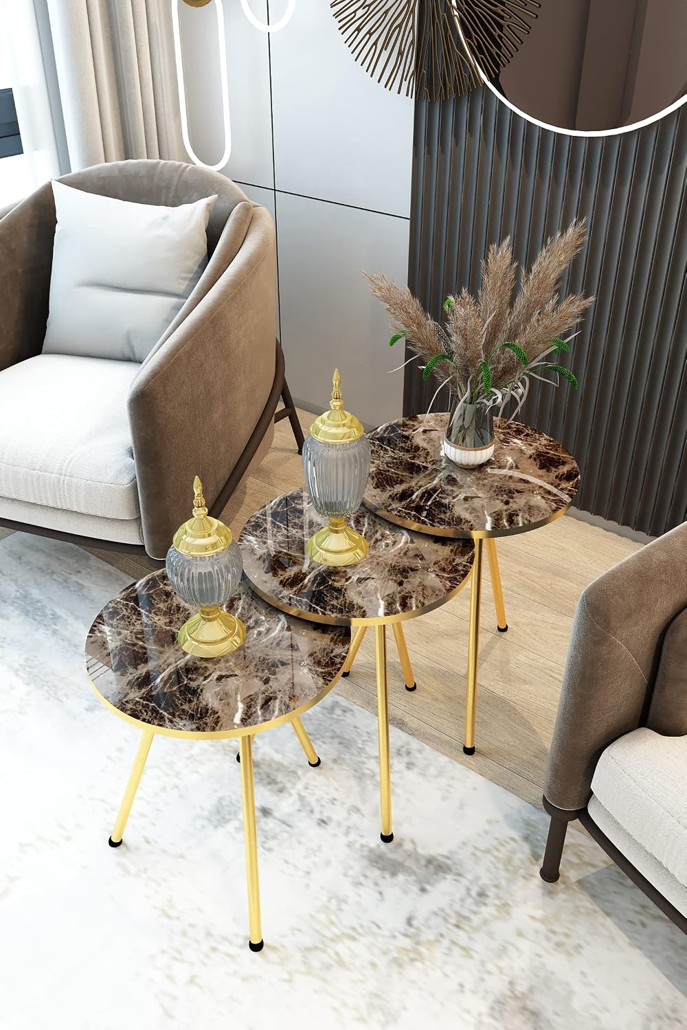 Set of 3 Nesting END Tables - Round Stacking Coffee Side Tables for Small Spa...