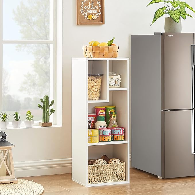 VECELO 3-Tier Small Bookcase, 4 Cube Bookshelf with Height Difference Shelves for Most Books, Modern Floor Standing Unit, Each Shelf Hold Up to 66 LBS for Living Room Bedroom, Pearl White