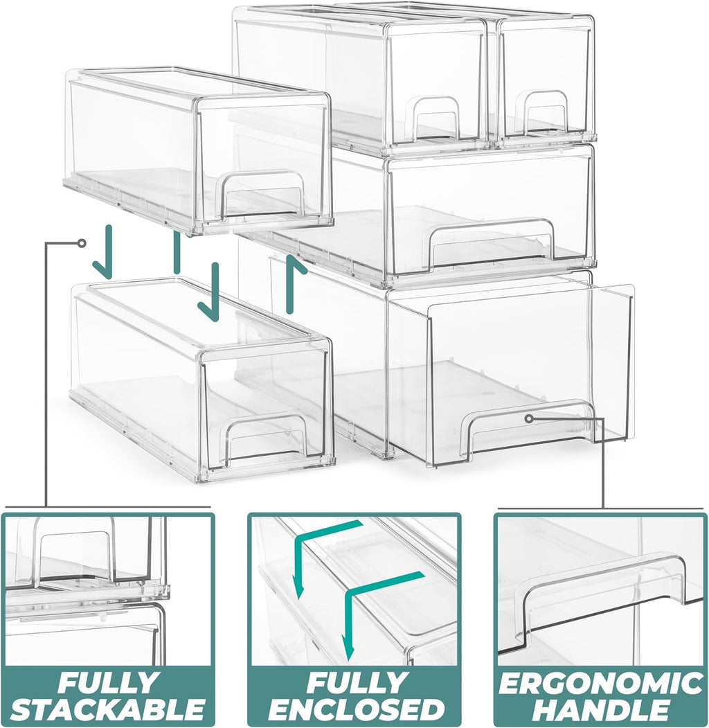 Sorbus Small Clear Stackable Storage Drawers – 4-Pack Plastic Organizer Bins with Handles – Stackable Pull-Out Storage Drawers for Closet, Pantry, Office, Bathroom, Craft, and Toy Organization