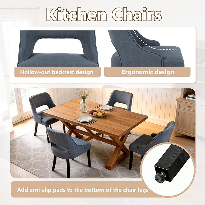 ClinQ Wooden Dining Chairs Set of 6, Modern Fabric Upholstered Kitchen Chairs Dining Chair, Mid Century Modern Chair for Dining Room, Farmhouse Kitchen Chairs for Kitchen Dining Room, Navy-Black Legs