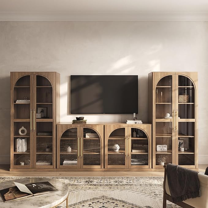 BELLEZE 4-Piece Modular TV Stand Set - 2 Arched Glass Door Sideboard Buffet and 2 Tall Storage Cabinets, Classic Modern Modular Entertainment Center with Adjustable Shelves for Living Room(Camel)