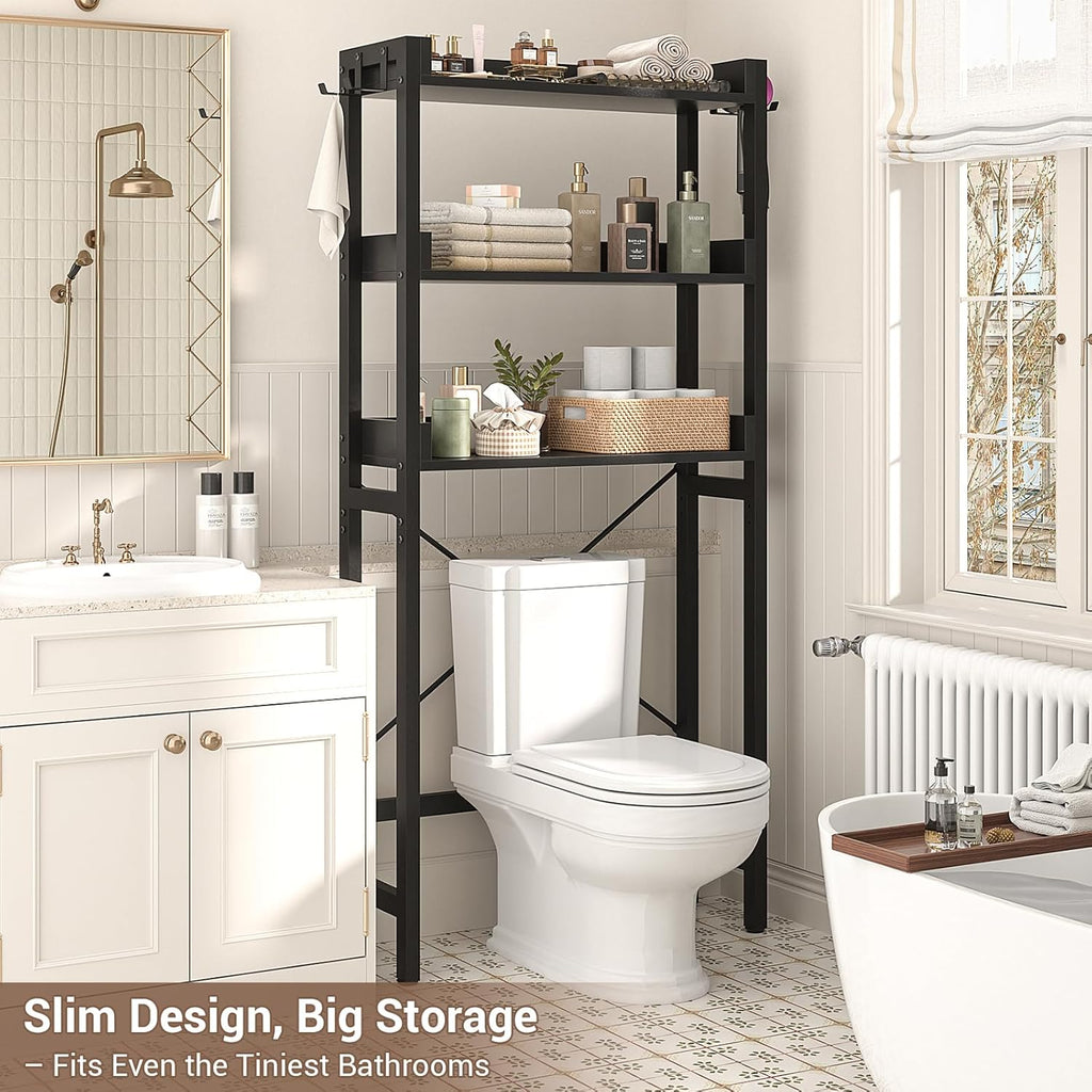 Over The Toilet Storage Rack - 3 Tier Bathroom Organizer with Shelves, Freestanding Space Saver Storage Rack Above Toilet Stand with 4 Hooks for Restroom, Laundry, Black