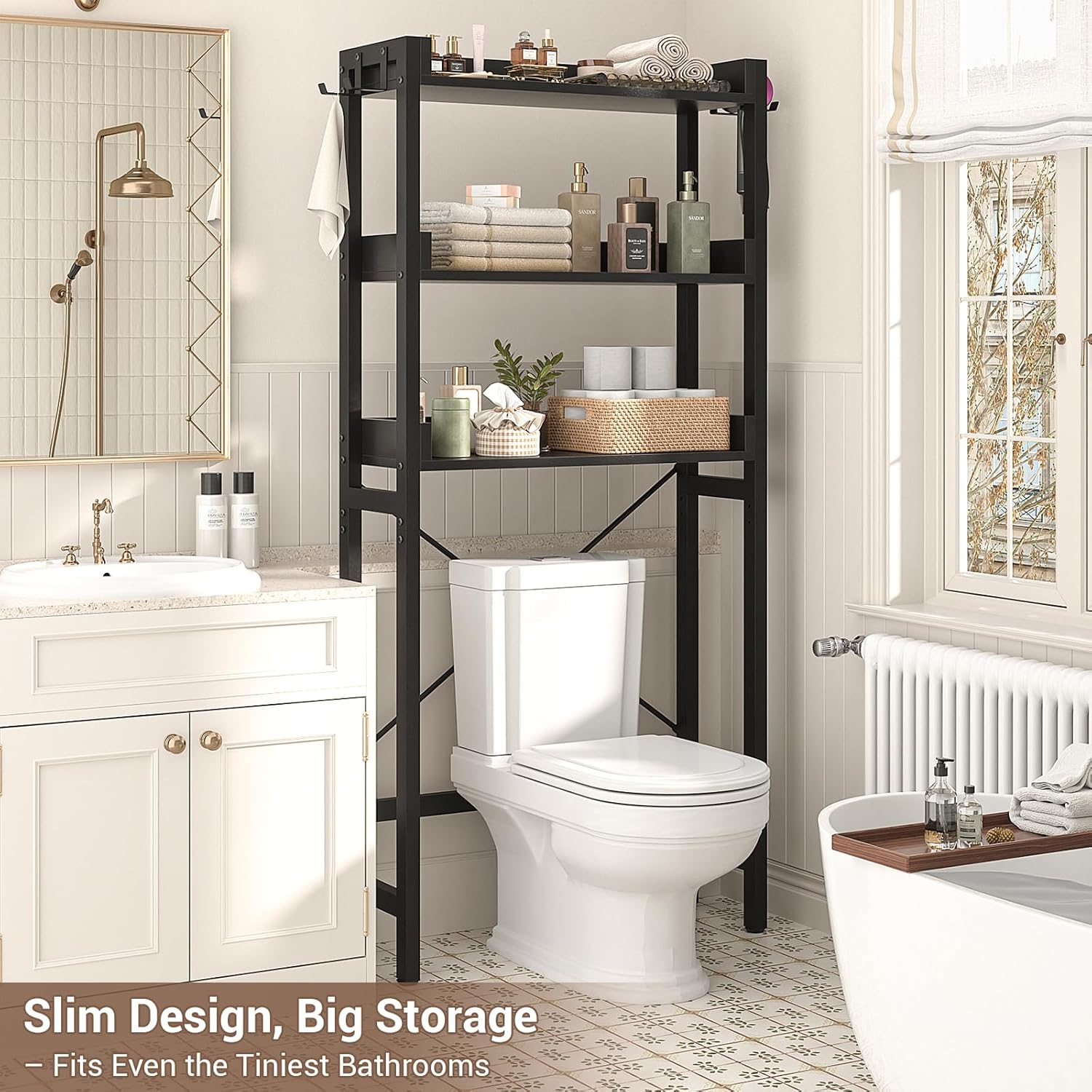 Over The Toilet Storage Rack - 3 Tier Bathroom Organizer with Shelves, Freestanding Space Saver Storage Rack Above Toilet Stand with 4 Hooks for Restroom, Laundry, Black