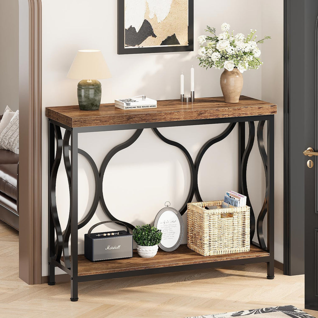 IBF 39.4" Console Sofa Table, Farmhouse Entryway Table Hallway Rustic Brown | Industrial Wood Metal Entry way Narrow Behind Couch Tables with 2-Tier Storage Shelves in Living Room Foyer Entrance