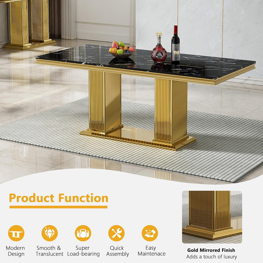 Black Marble Dining Table Set for 6,68 inch Black Marble Table with Golden Do...