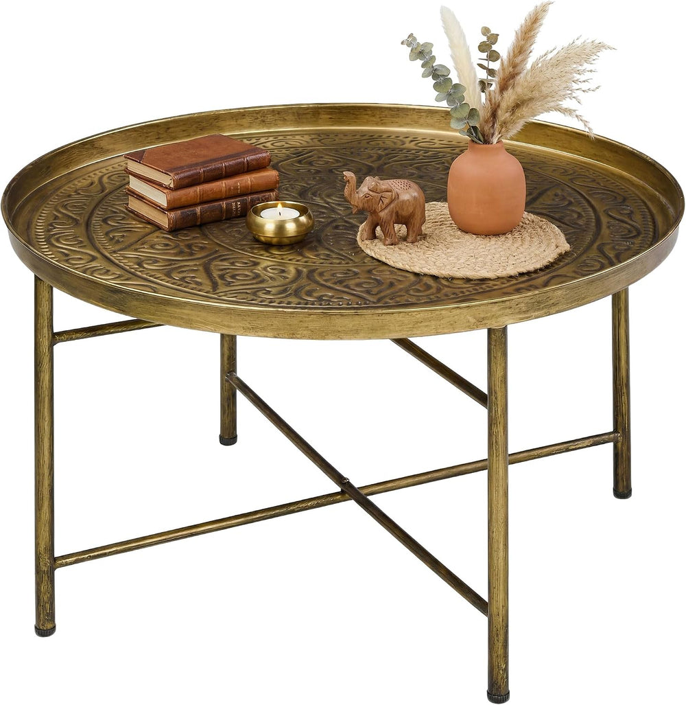 24-Inch Round Coffee Table with Hammered Tray Top and Metal Frame, Gold | Ham...