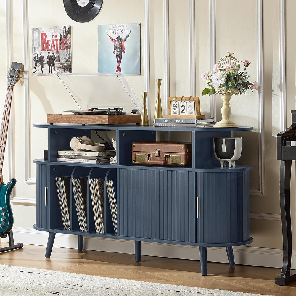 LELELINKY Extra Large Round Record Player Stand with Charging Station | Mid C...