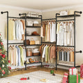 ONBRILL L4 Wall Mounted Industrial Pipe Clothing Rack, Closet Organizer System with 6 Hanging Clothes Rods ( 4 Expandable Rods) & 8 Shelves, Heavy Duty Corner Garment Rack, Large Wardrobe - Black