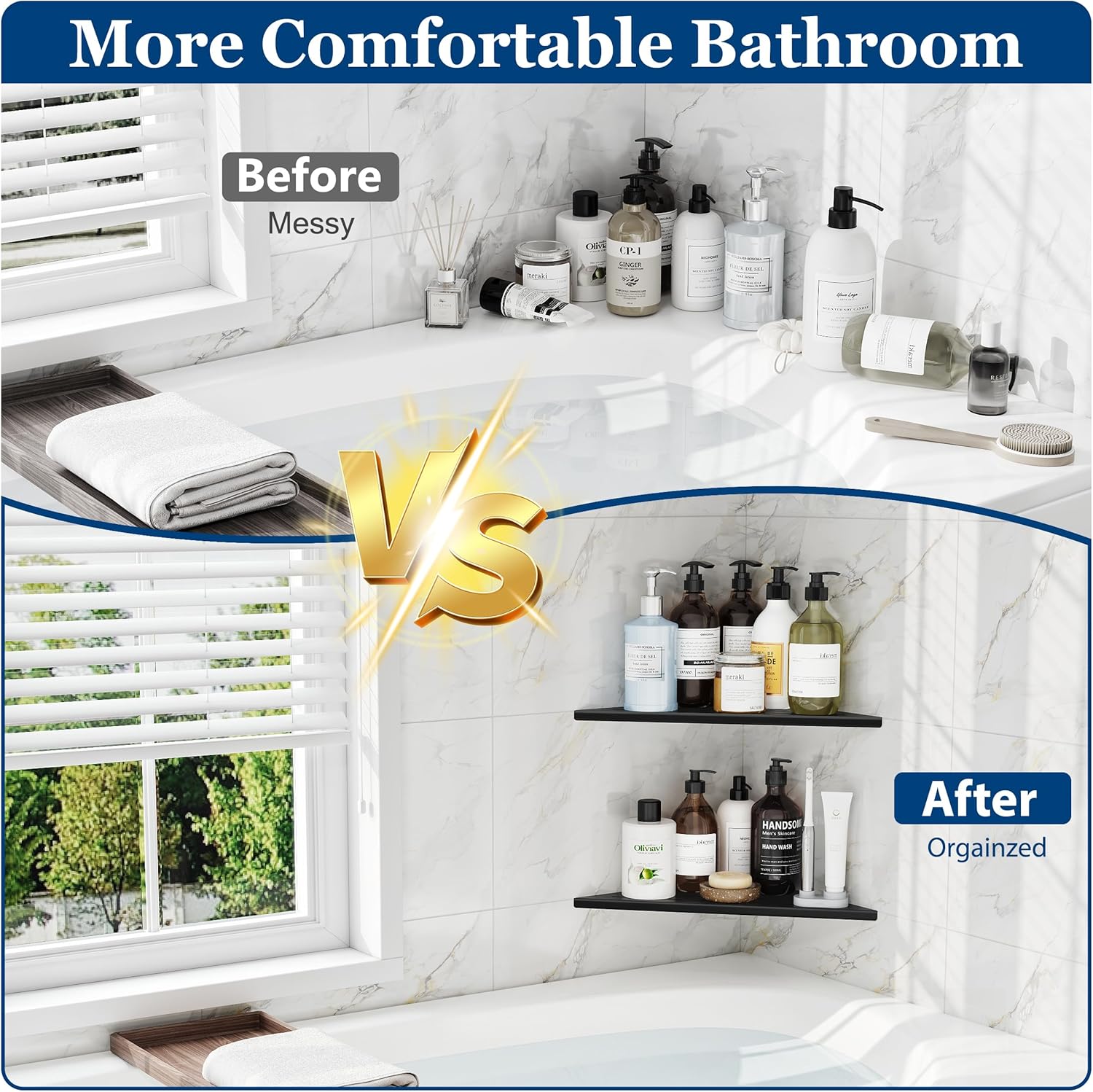 Corner Shower Shelves, 12” Recessed Tile Shower Shelf, 304 Stainless Steel Grout in Corner Tile Shower Shelves, No Drilling, Matte Black, 2 Pack