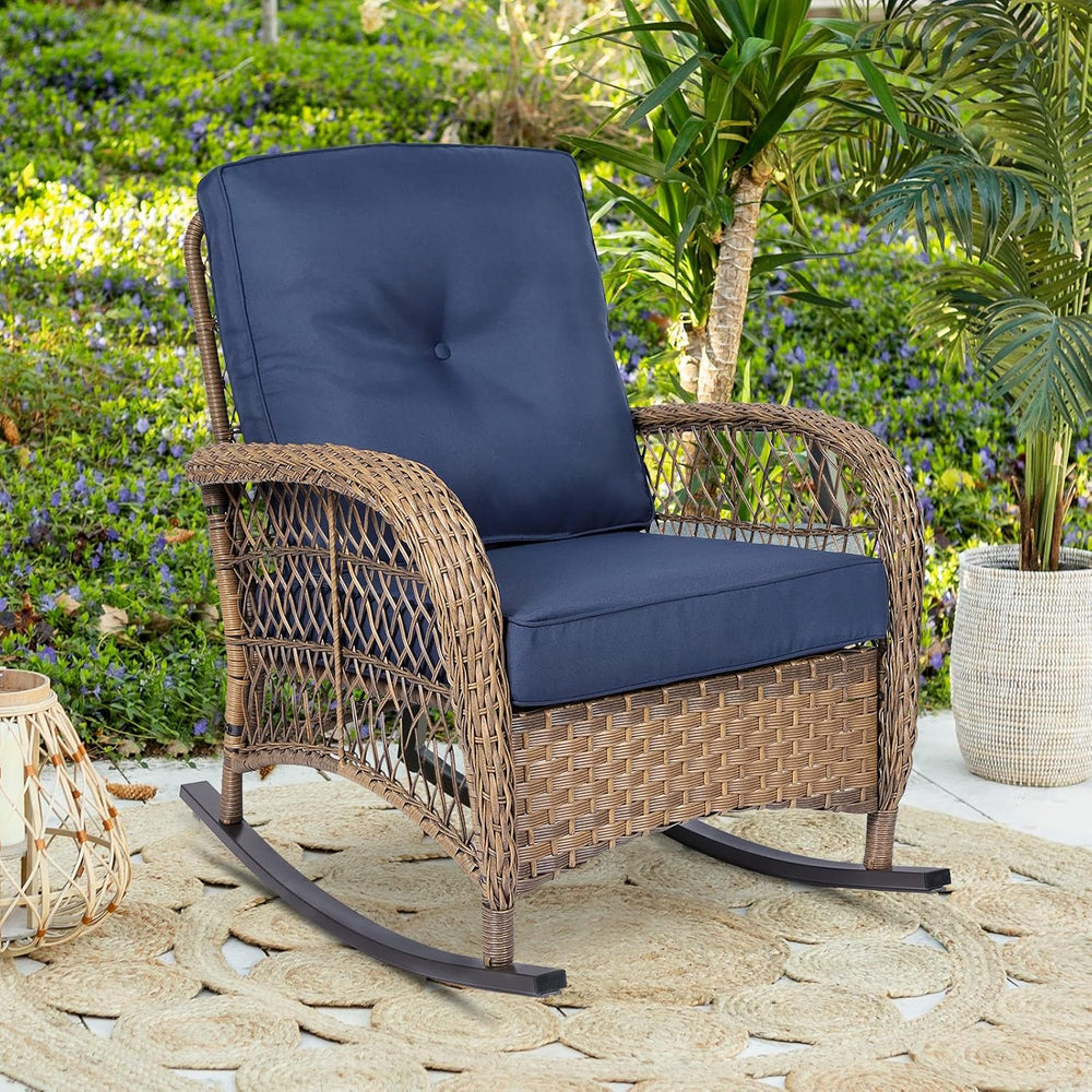 Outdoor Wicker Rocking Chair with Thickened Cushions, All-Weather Rattan Pati...