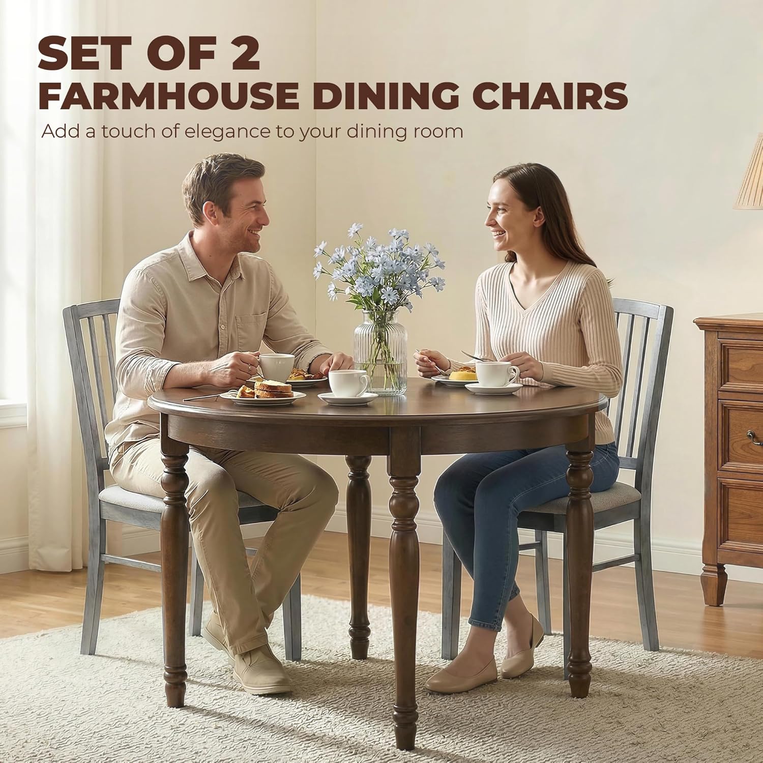 HOMCOM Farmhouse Dining Chairs Set of 2, Upholstered Linen Fabric Kitchen Chairs with Solid Rubberwood Legs for Kitchen, Dining Room, Rustic Gray