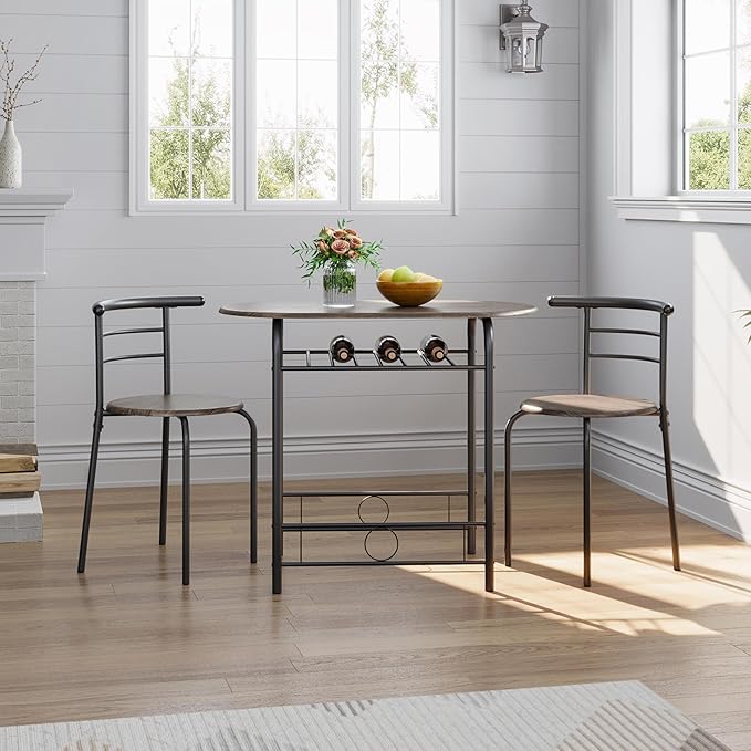 Yaheetech 3 Piece Dining Table Set, Kitchen Table & Chair Sets for 2, Compact Bistro Table Set with Steel Legs, Built-in Wine Rack for Small Space, Apartment, Breakfast Nook, Drift Brown