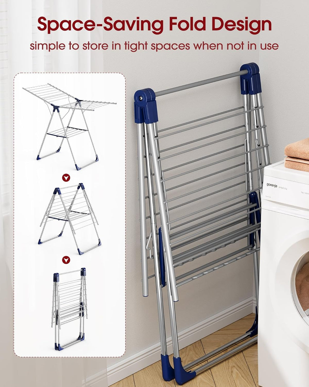 Sakugi Clothes Drying Rack with Height-Adjustable Wings, Metal Foldable Laundry Dryer Stand for Clothing & Bedding, Free-Standing Collapsible for Indoor & Outdoor Use, 55.5" L × 22.8" W, Silver Blue