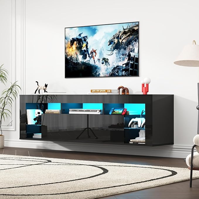 63" Floating High Gloss LED TV Stand for 75" TVs, Wall-Mounted Ente...