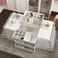 AGOTENI 62" W Closet Island with 14 Drawers, Glass Top & Drawer Organizers, Modern Wooden Armoire Wardrobe Storage Island with Open Shelf for Walk-in Closet Bedroom, White