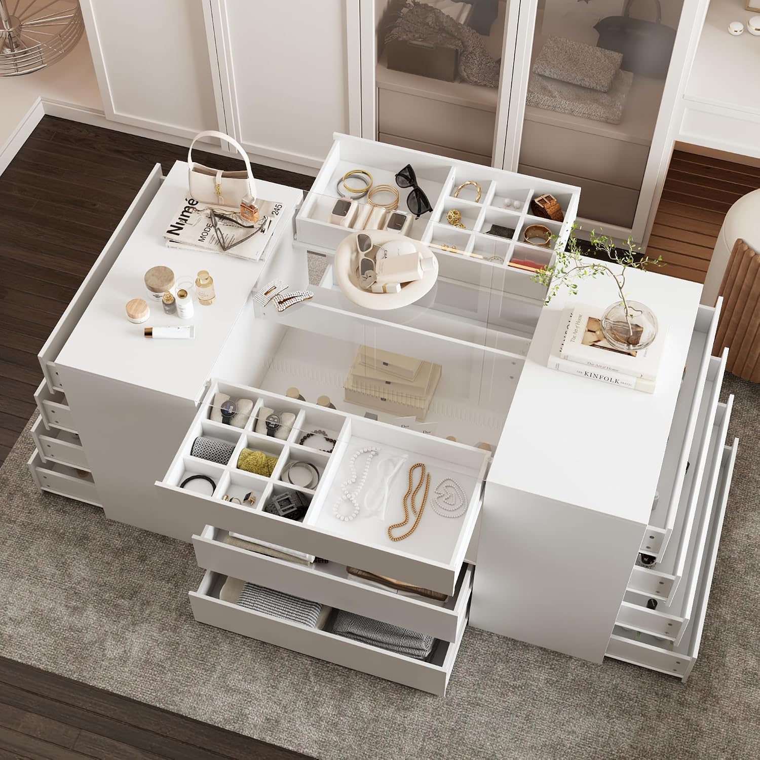 AGOTENI 62" W Closet Island with 14 Drawers, Glass Top & Drawer Organizers, Modern Wooden Armoire Wardrobe Storage Island with Open Shelf for Walk-in Closet Bedroom, White