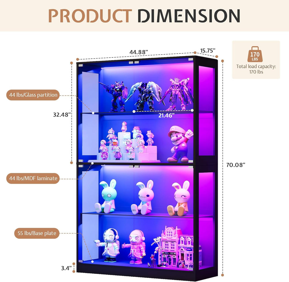 Jocisland 45x16 Inch Display Cabinet with Glass Doors and RGB Lights, 4-Tier ...