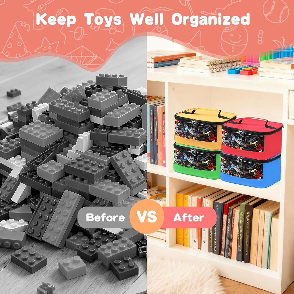 4 PCS Toy Storage Bags, Transparent PVC Toy Organizer Bag with Manual Pocket for Classic Building Bricks, Puzzles, Toy Cars, Large Size, Multicolor