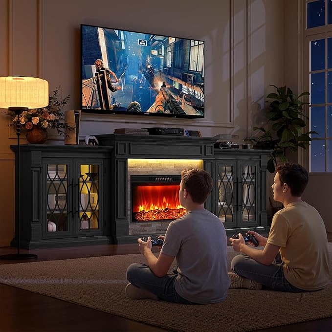Naice 104" Fireplace TV Stand, Electric Fireplace Mantel with Large Cabinets Tempered Glass Doors, LED Light & Power Outlet, Media Entertainment Center with 30" Insert Heater for Living Room,Black