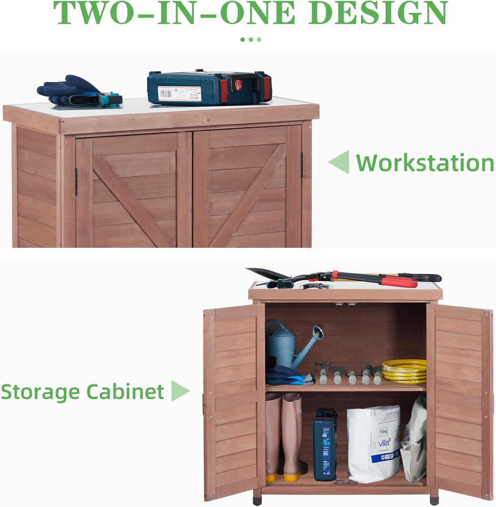 Outdoor Potting Bench with Storage Cabinet and Metal Top, Wood Workstation fo...