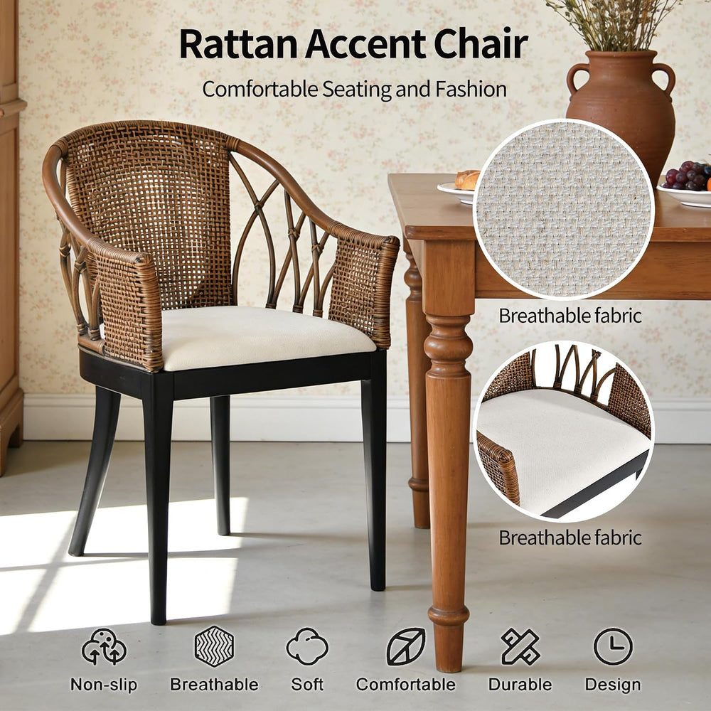 DUHOME Wood Rattan Arm Accent Chair Natural Wash/White Cushion Side Armchair ...