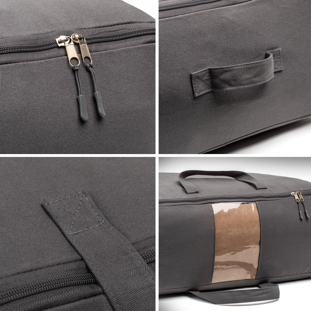 Soft Canvas Storage Bags with Zipper. Thick Breathable, 1pc King/Queen Comforter Organizer. Four Carrying Handles and Window. Large 25x19x9in Bag for Sheets Blankets Bedding Pillows, Clothes (Grey)