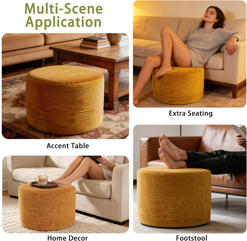 Thgonwid Round Ottoman Pouf, Plush Corduroy Foot Stool with High-Density Memo...