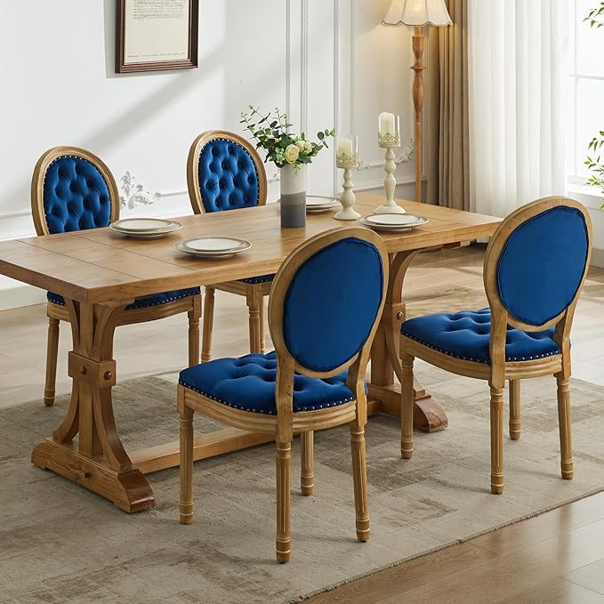 French Country Dining Chairs Set of 2, Blue Kitchen & Dining Room Chairs, Velvet Kitchen Chairs, Tufted Upholstered, Wood Legs, Sillas De Comedor (Velvet, Blue, 2 Pcs)