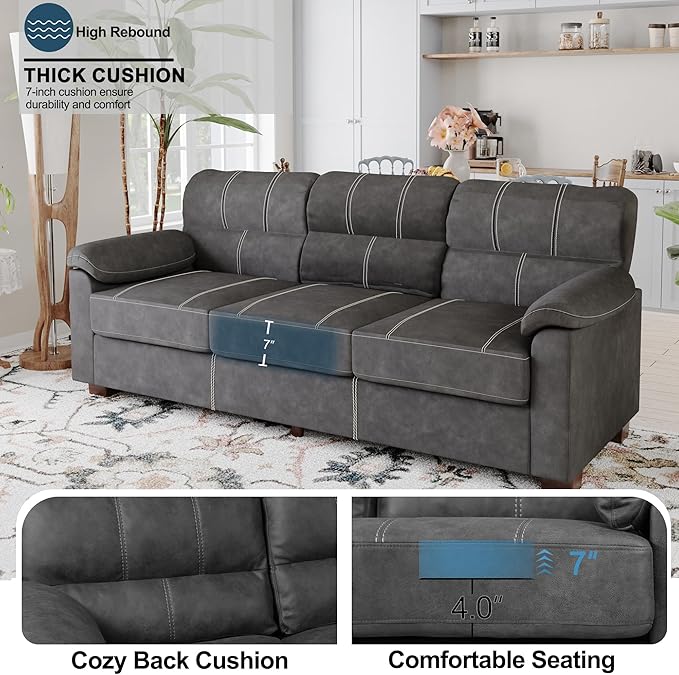 80 Inch Dark Grey Faux Leather Sofa Couch - Wide Armrests with 2 Pillows, Deep Seats, Contrast Stitching, 3 Seater Leather Couches for Living Room, Bedroom, Apartment