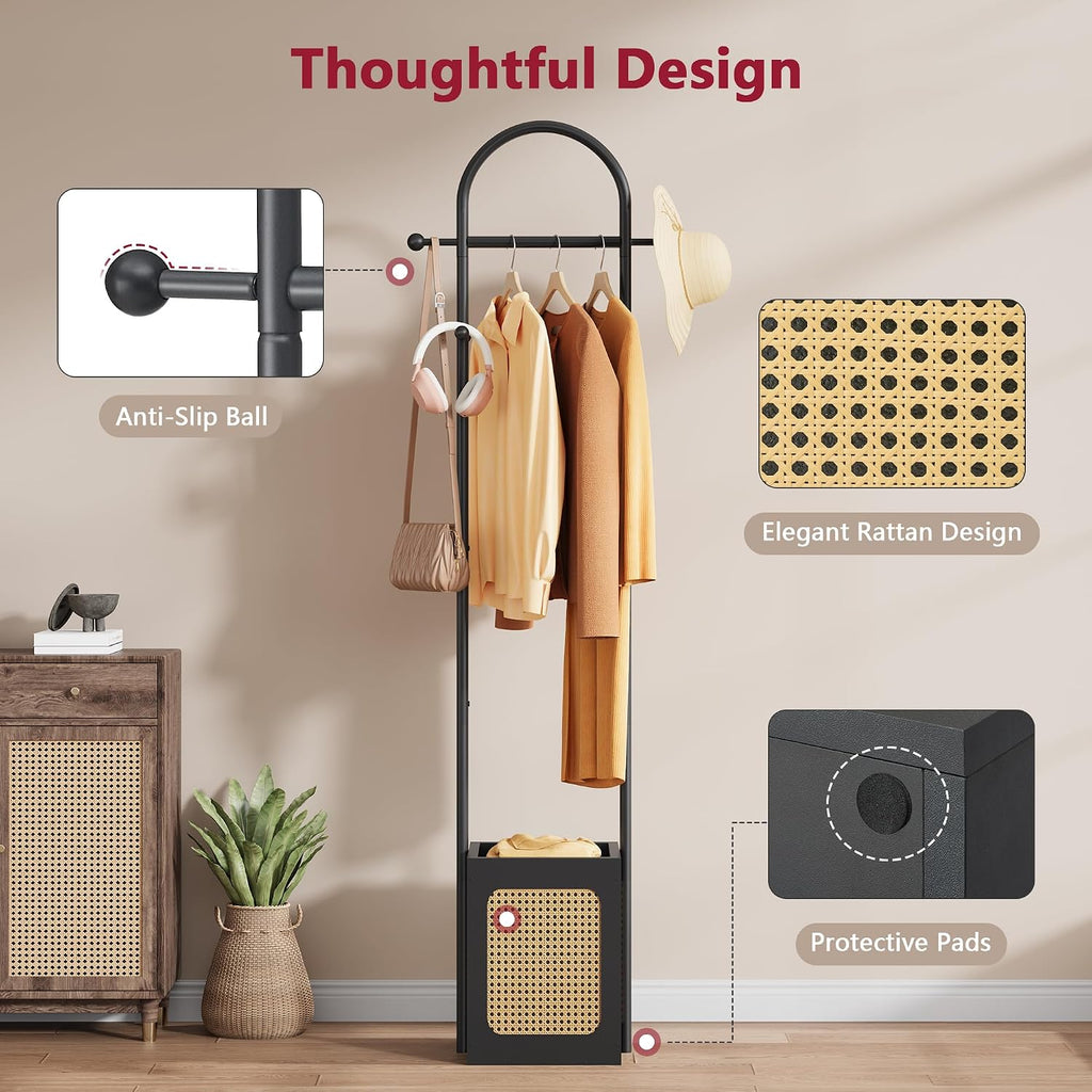 Tajsoon Coat Rack Stand with Wooden Base, Coat Tree Rattan Design, Coat Hanger Stand with 6 Hooks, Small Clothes Rack for Living Room, Bedroom, Office, Black