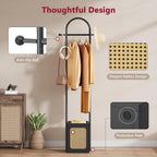 Tajsoon Coat Rack Stand with Wooden Base, Coat Tree Rattan Design, Coat Hanger Stand with 6 Hooks, Small Clothes Rack for Living Room, Bedroom, Office, Black