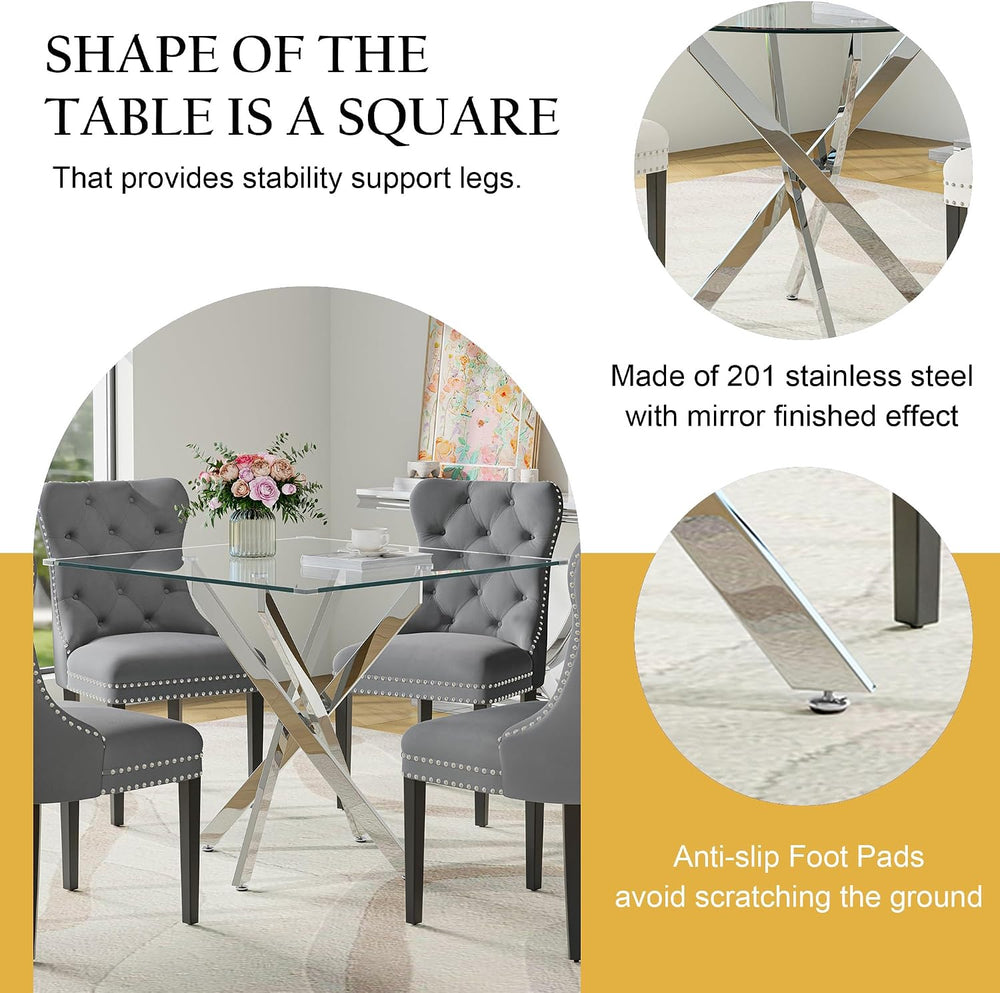 Glass Dining Table Set for 4 with 36" Square Tempered Glass Kitchen Tabl...
