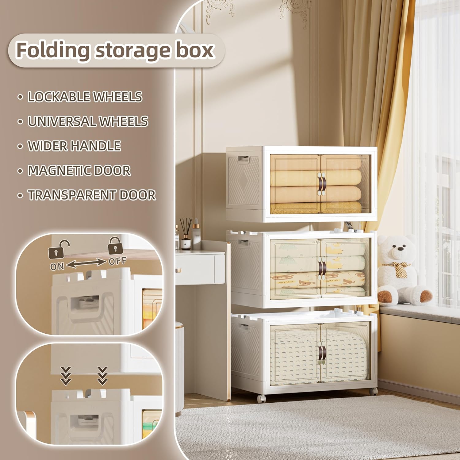 312 QT / 78 Gal Large Foldable Stackable Plastic Storage Cabinet with Double Magnetic Doors, Leather Handles & 4 Wheels - Organize Home, Office, Closet