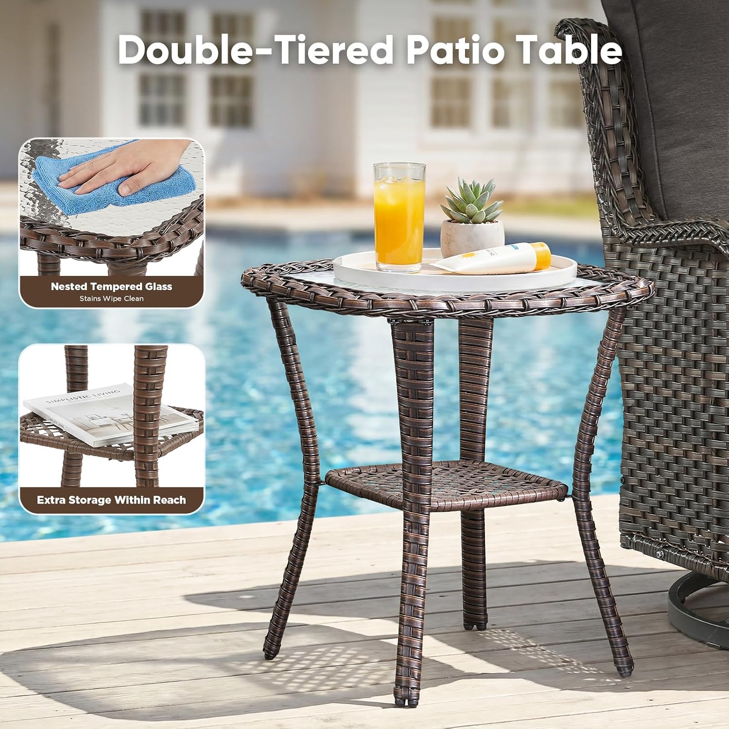 Belord Patio Wicker Chairs Swivel Rocker,Outdoor Patio Furniture Set with Rattan Side Table, All Weather Conversation Set for Porch Poolside Balcony, Brown Wicker/Beige