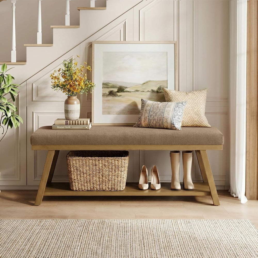 Zihanhome 45" Entryway Bench Upholstered Storage Bench for Bedroom(Brown...